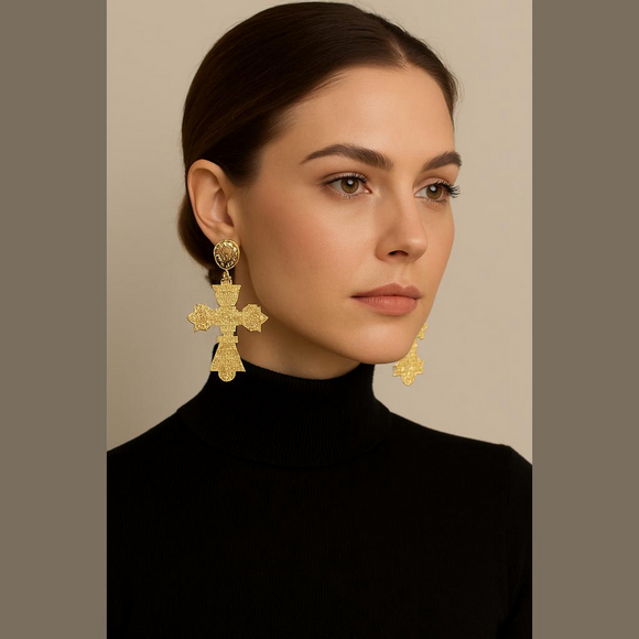 Cross gold tone Statement Earrings. - Picture 1 of 3